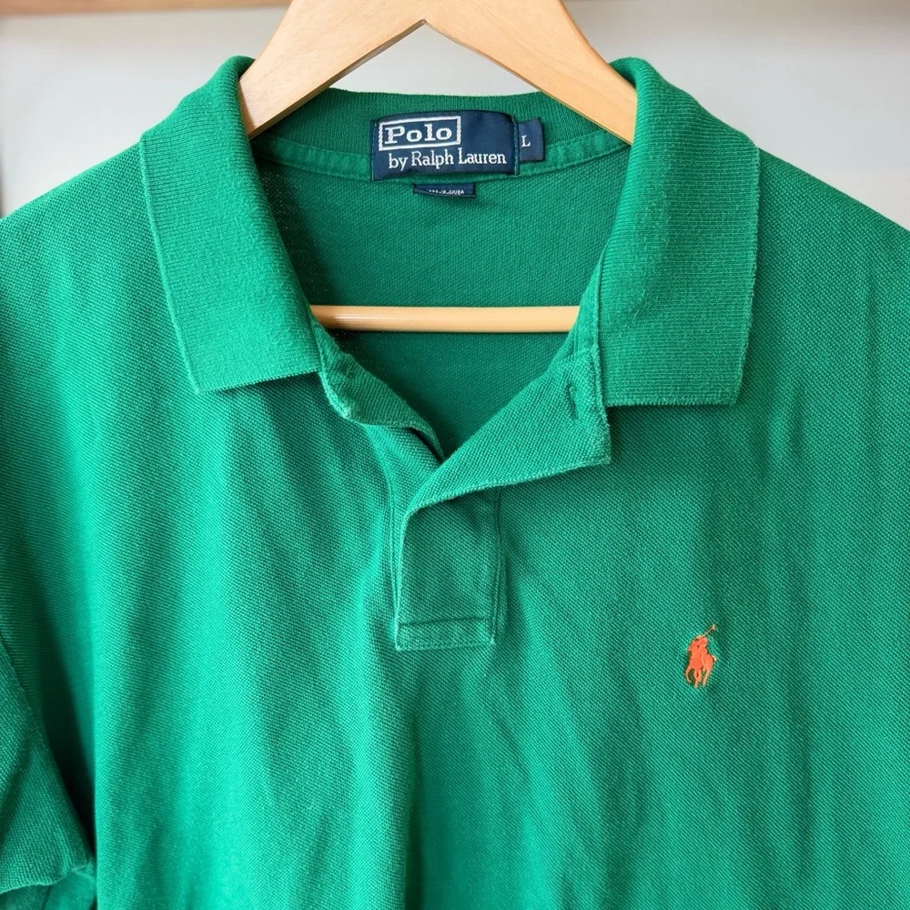 POLO Ralph Lauren Emerald Green Cotton Polo with Orange Embroidered Logo Large